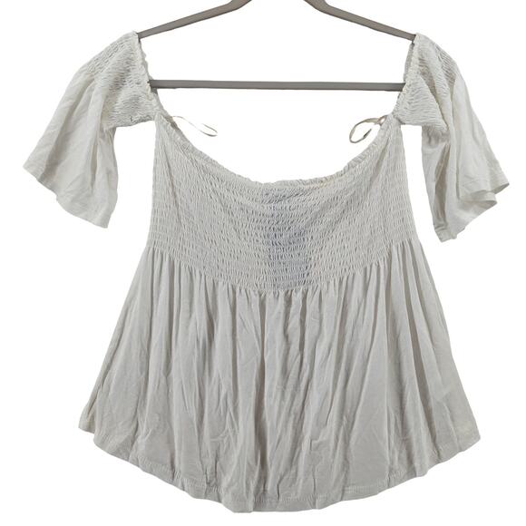 Forever 21 Off Shoulder Blouse Large Ivory Flowy Boho Smocked Summer Top Loose - Picture 1 of 11